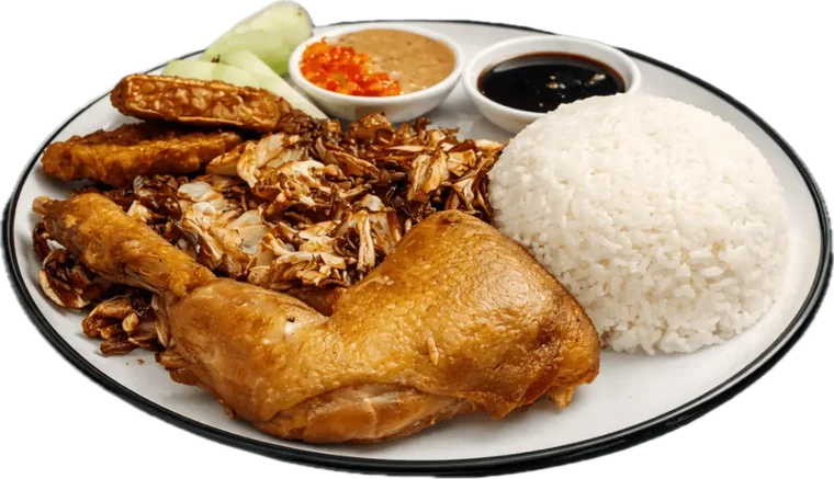 Set Klasik A: nasi putih, ayam goreng klasik, sambal, kobis dan timun
