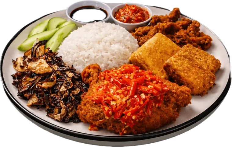 Set Krispy A: nasi putih, ayam goreng krispy, sambal, tauhu, tempe dan kobis
